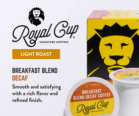 Royal Cup Signature light roast decaf pods delivering smooth flavor at home.