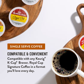 ROYAL CUP SIGNATURE medium roast pod shown for convenient home-brew.