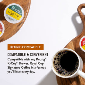 ROYAL CUP SIGNATURE capsules showcase Rainforest Alliance certification for sustainable sourcing.