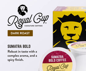 Royal Cup Signature Sumatra packaging highlights premium beans and legacy quality.