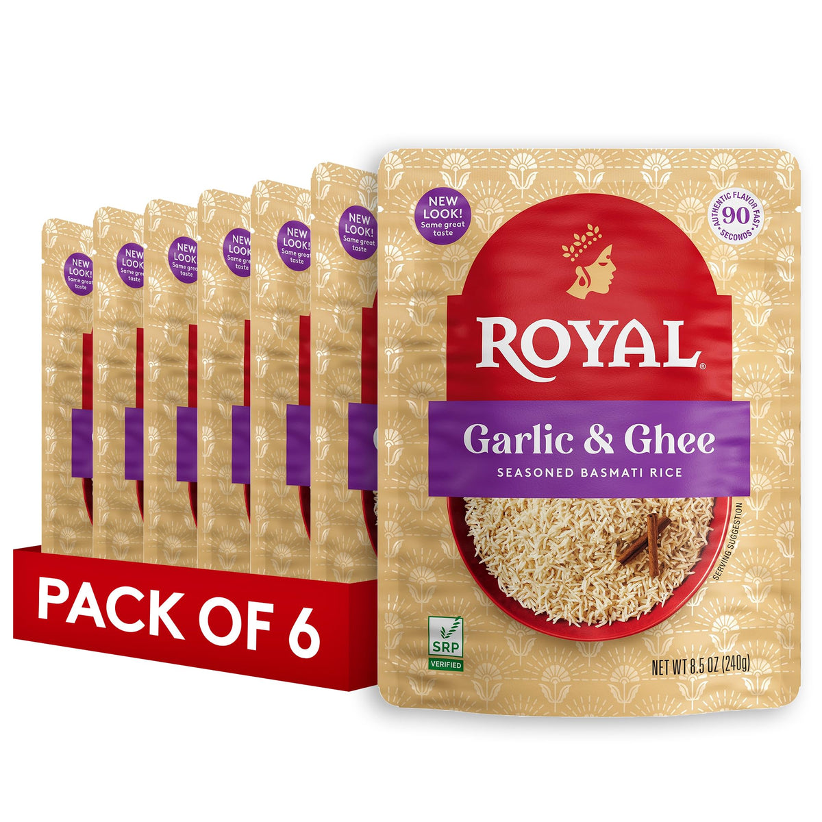 Royal Garlic & Ghee Basmati Rice ready-to-heat pouch with rich aroma.