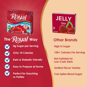 Royal gelatin sugar-free strawberry cup shows bright, glossy gel