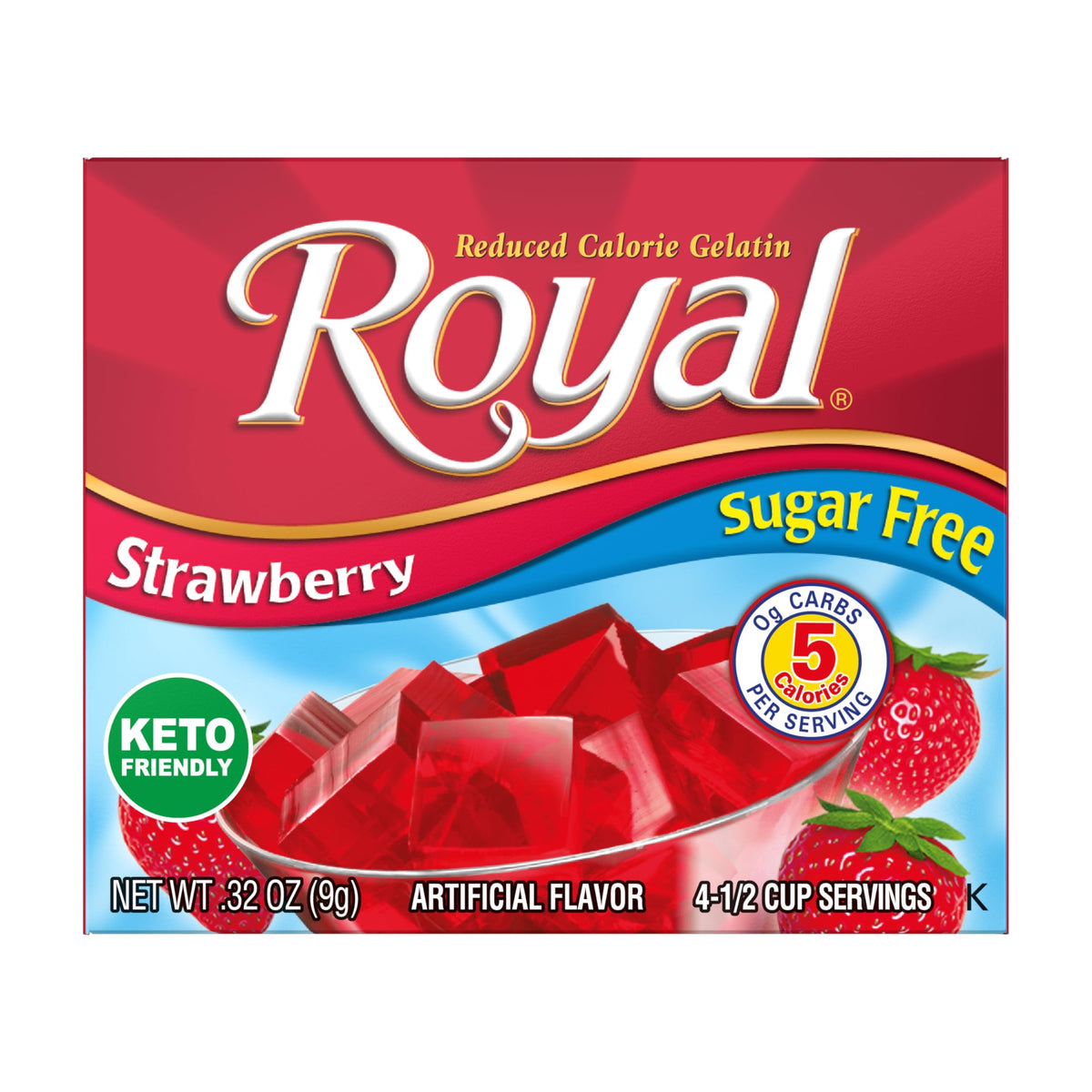 Royal Gelatin sugar-free cherry box on tray, fat-free snack