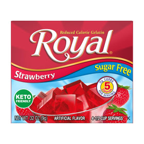 Royal Gelatin sugar-free cherry box on tray, fat-free snack