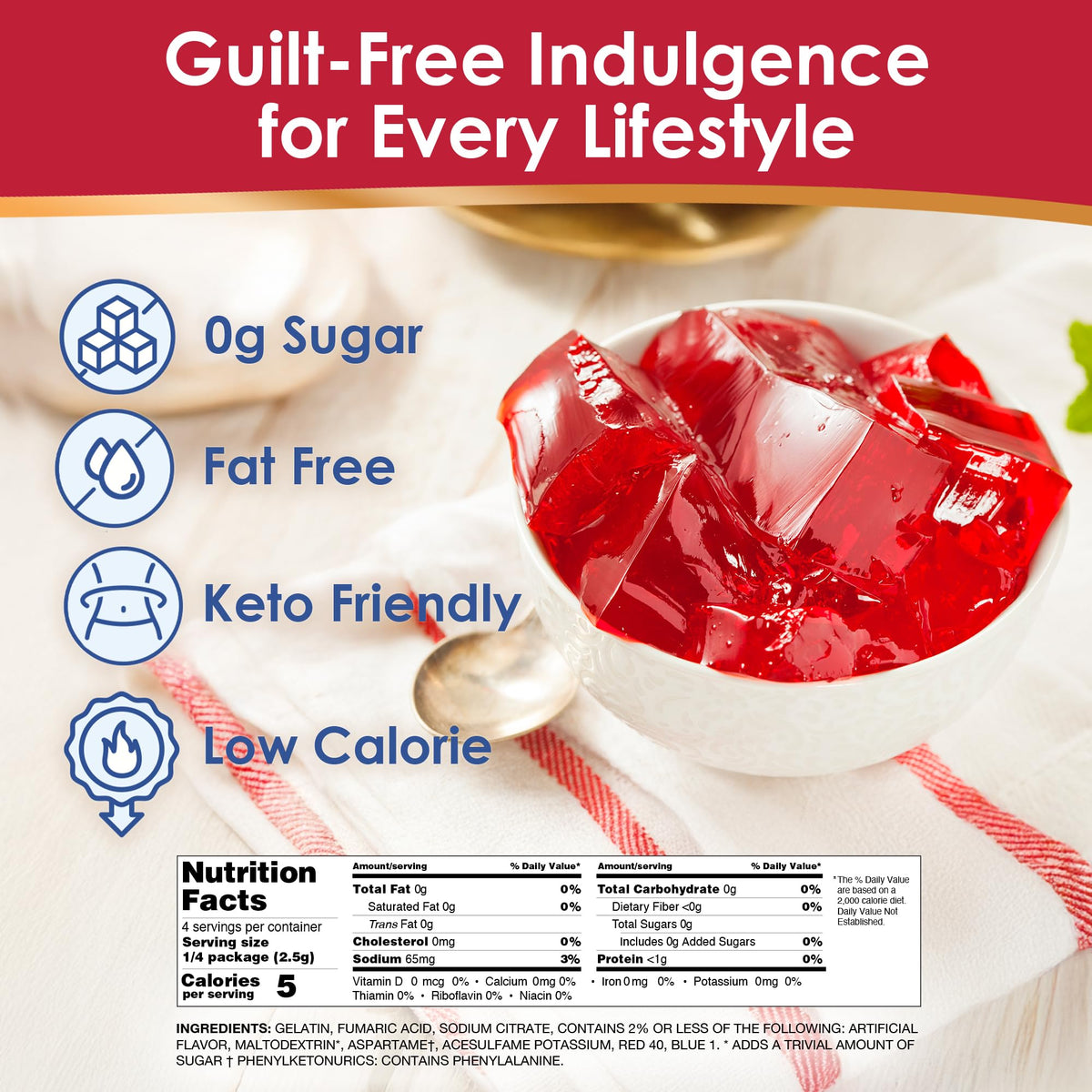 Royal gelatin sugar-free variety pack flavors display with vibrant colors