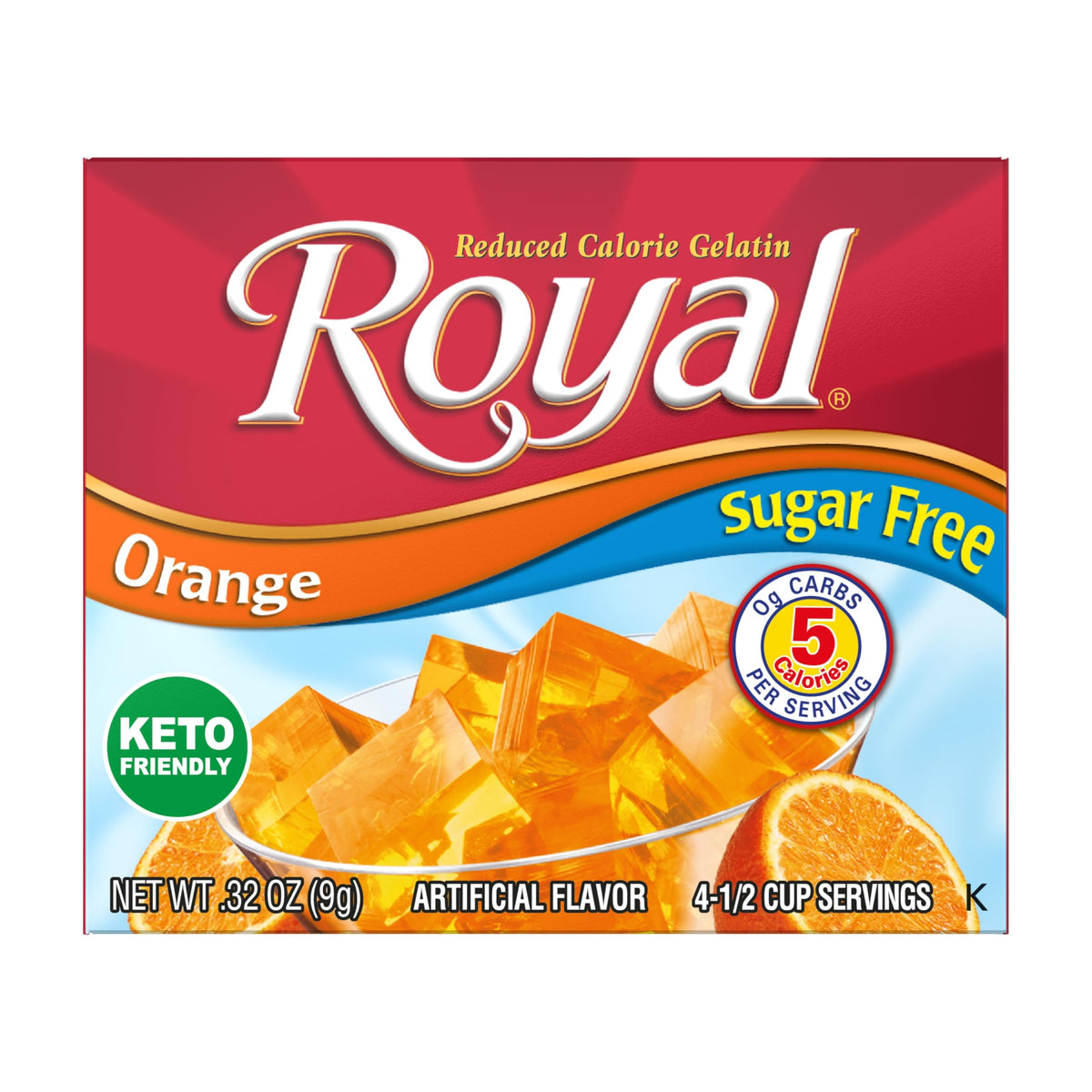 Royal Gelatin sugar-free orange box with spoon, low-calorie dessert option