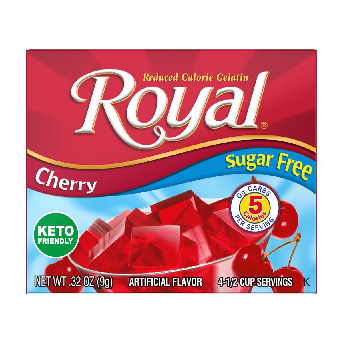 Royal Gelatin sugar-free raspberry box served with berries, refreshing keto-friendly