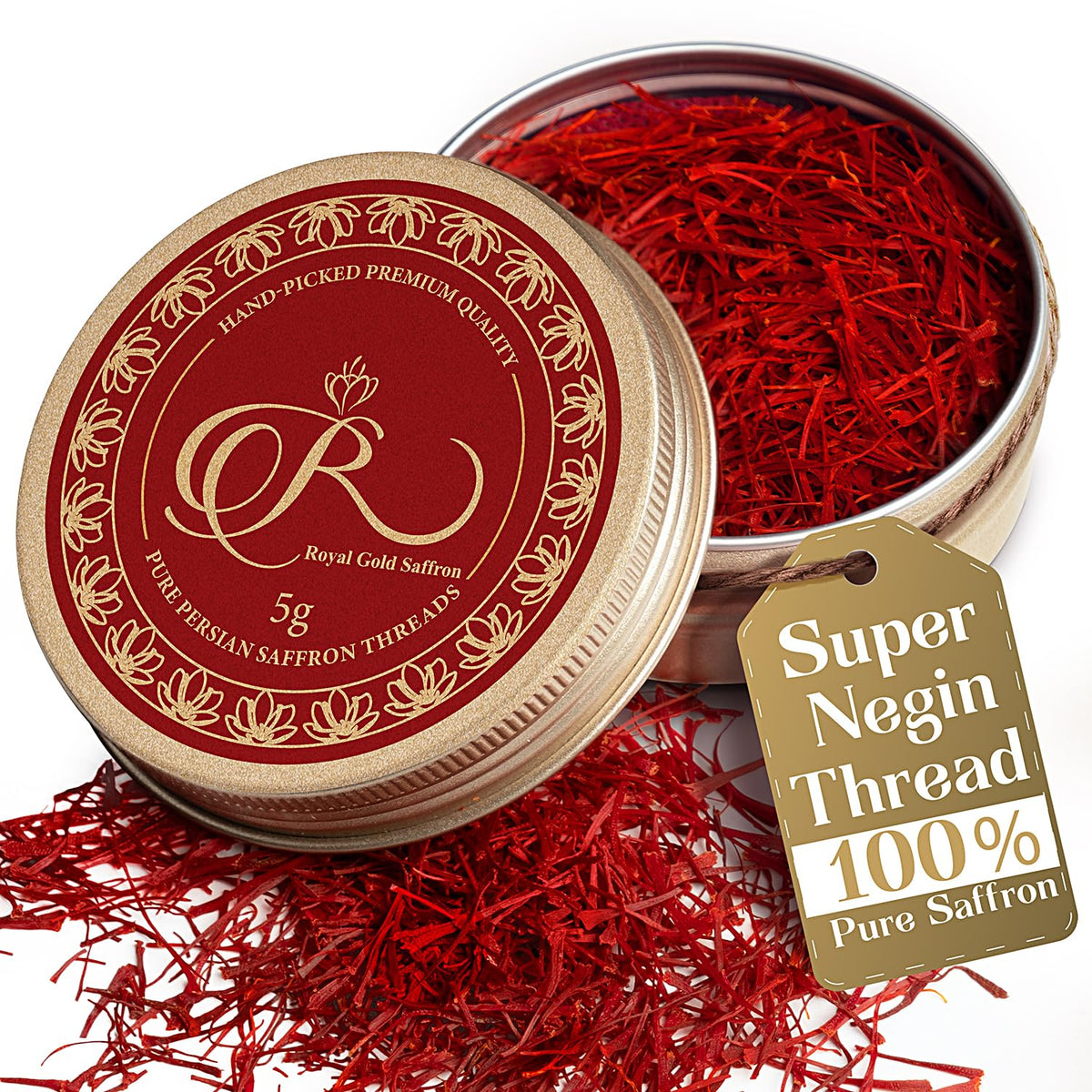 Royal Gold Saffron packaging tin showcases premium gift-ready presentation.
