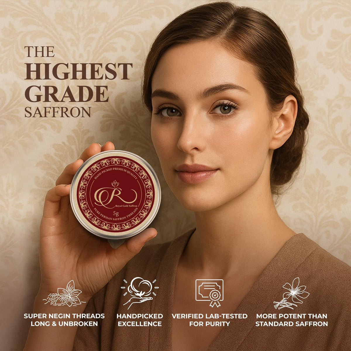 Royal Gold Saffron Super Negin threads reveal deep crimson color and aroma.