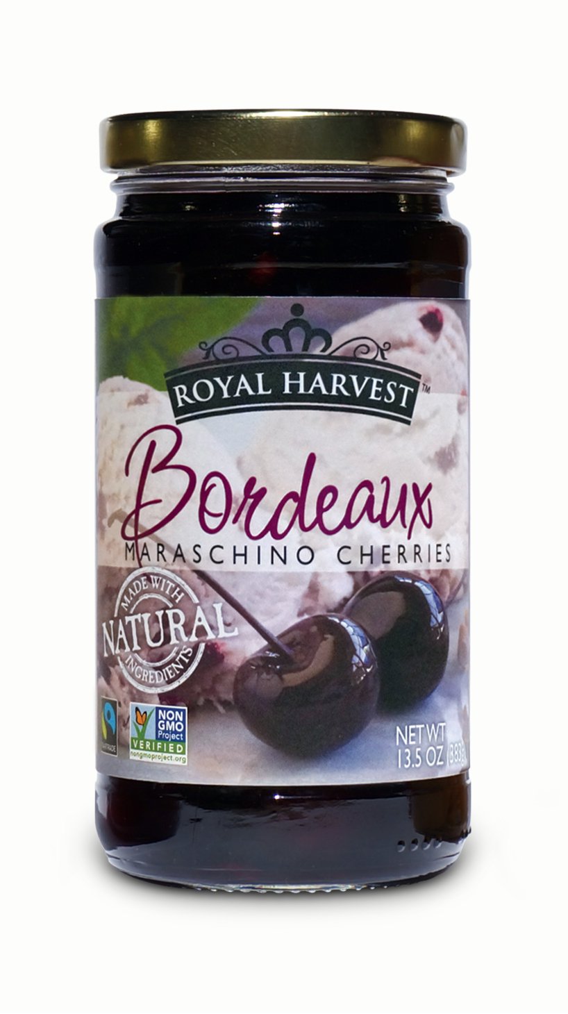 Royal Harvest Northwest Noire cherries in jar, ideal garnish for desserts and upscale cocktails.