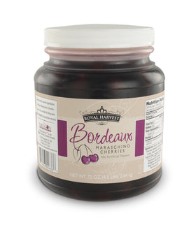 Royal Harvest premium dark maraschino cherries, versatile topping for desserts.