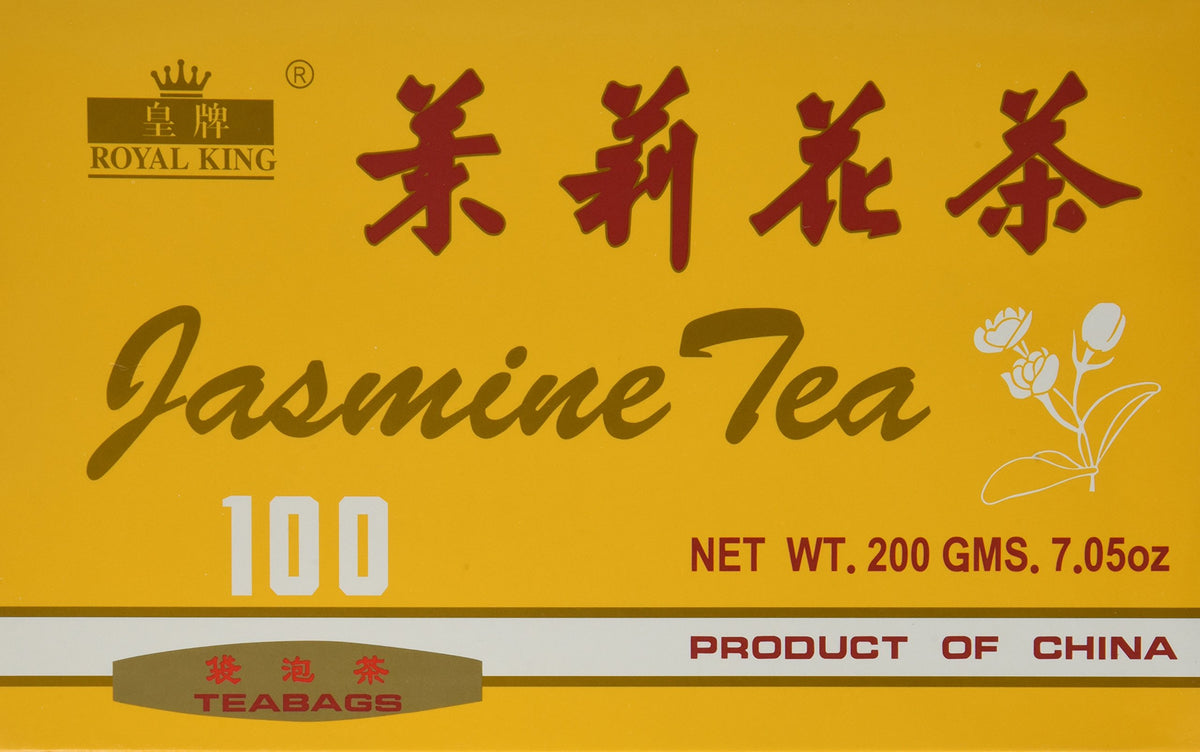 Royal King Jasmine Tea teabags in a box, inviting aroma and smooth flavor