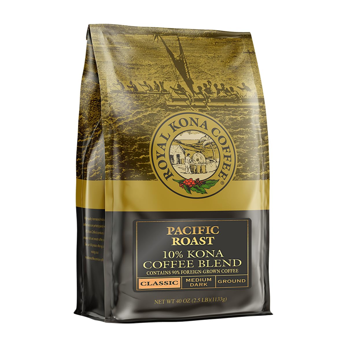 ROYAL KONA 10% Kona blend ground coffee bag for a balanced daily brew.