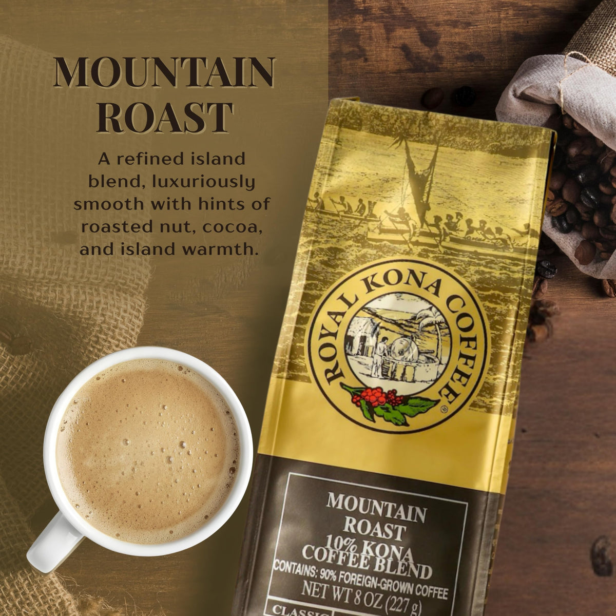 Royal Kona 8-oz bag label with Kona blend and mountain roast notes.