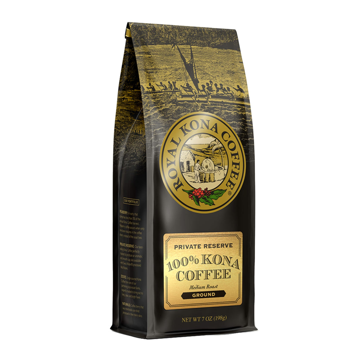 Royal Kona Coffee Ground Private Reserve 7oz bag, authentic Kona flavor for daily brewing.
