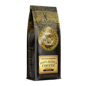 Royal Kona Coffee Ground Private Reserve 7oz bag, authentic Kona flavor for daily brewing.