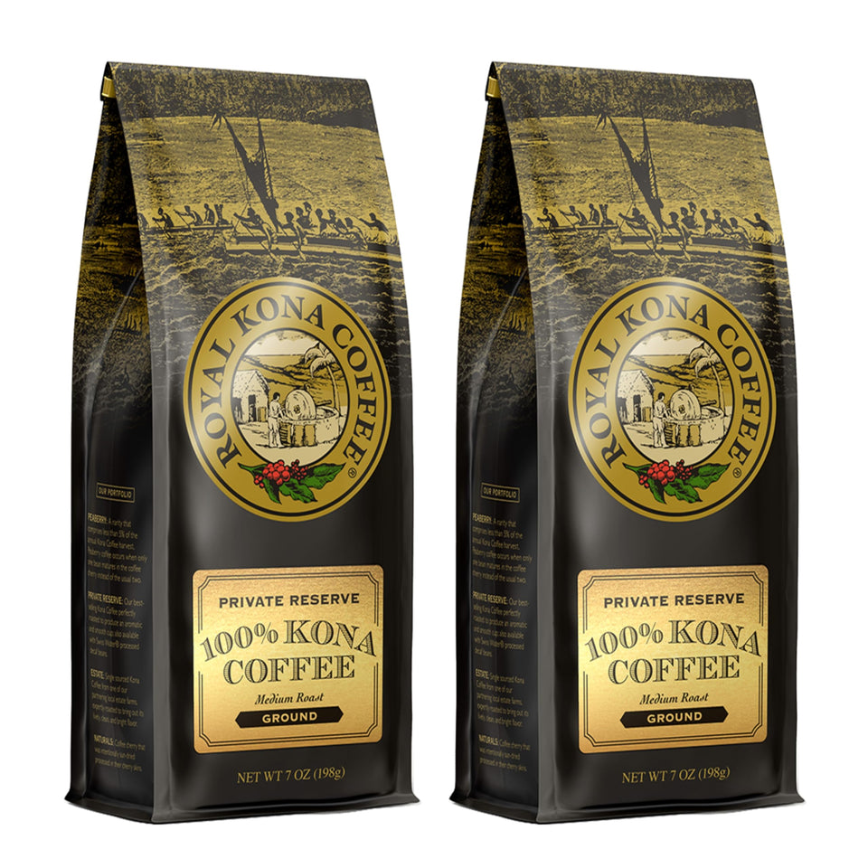 Royal Kona Coffee Ground private reserve pack 2 keeps your freshness sealed for every brew.