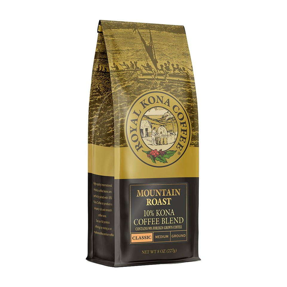 Royal Kona Mountain Roast bag ready for brewing with authentic Hawaiian flavor.