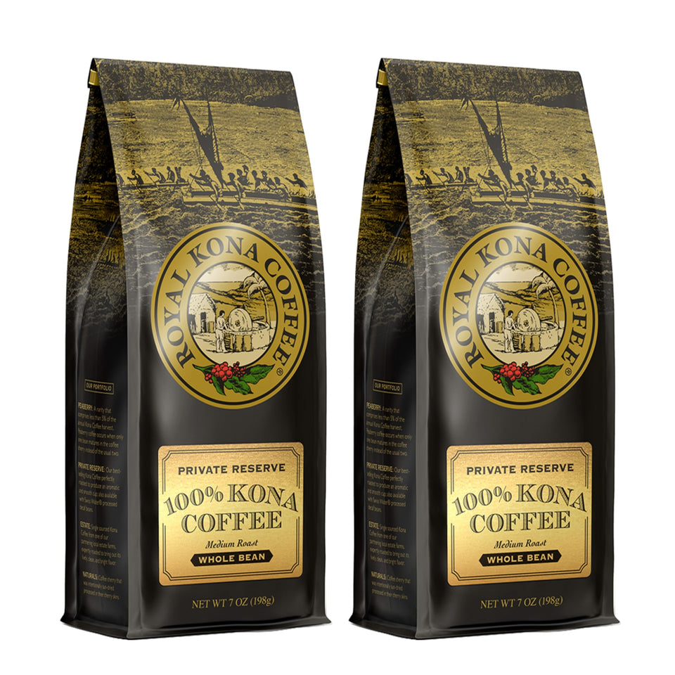 Royal Kona Coffee Private Reserve 2-pack — rich whole bean aroma for a smooth cup.