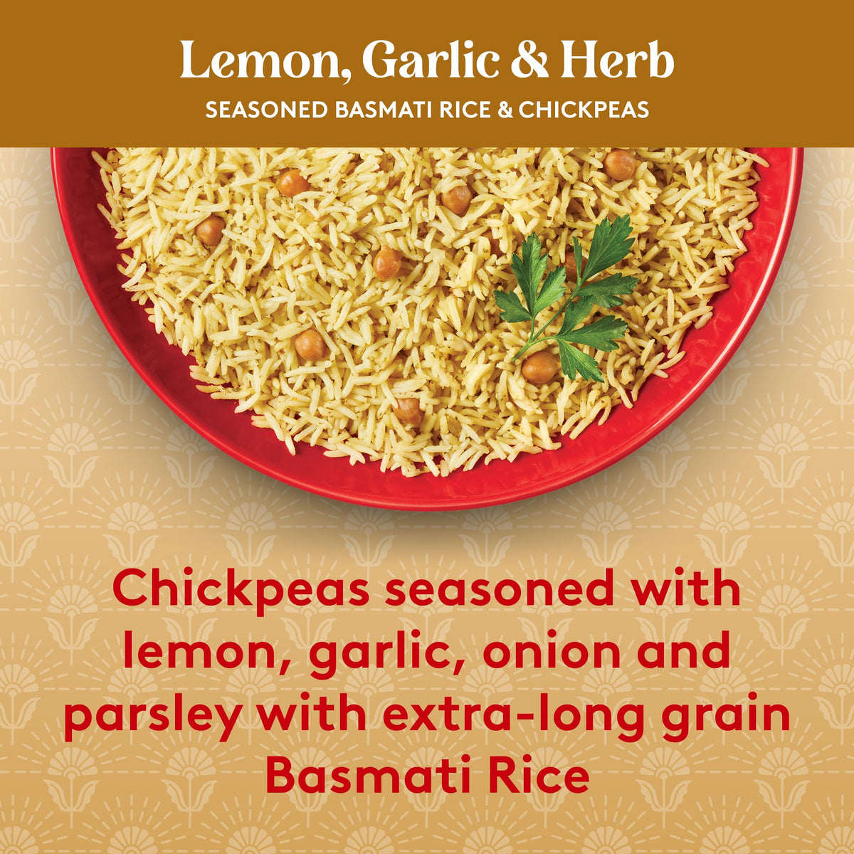 Close-up of lemon, garlic, and parsley on Royal rice with chickpeas.