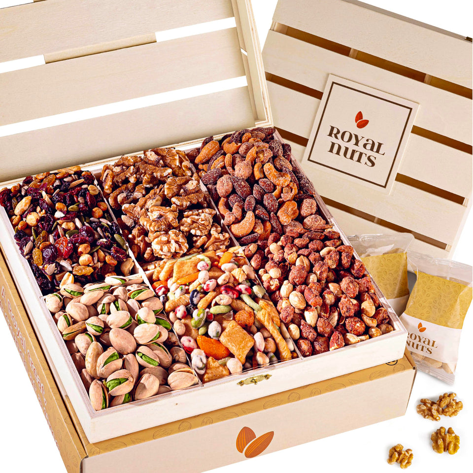 Royal Nuts gift basket in a six-section wooden crate, ideal for Mother's Day gifting.