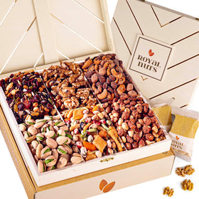 Royal Nuts six-section gift basket with pistachios and pralines for sharing.