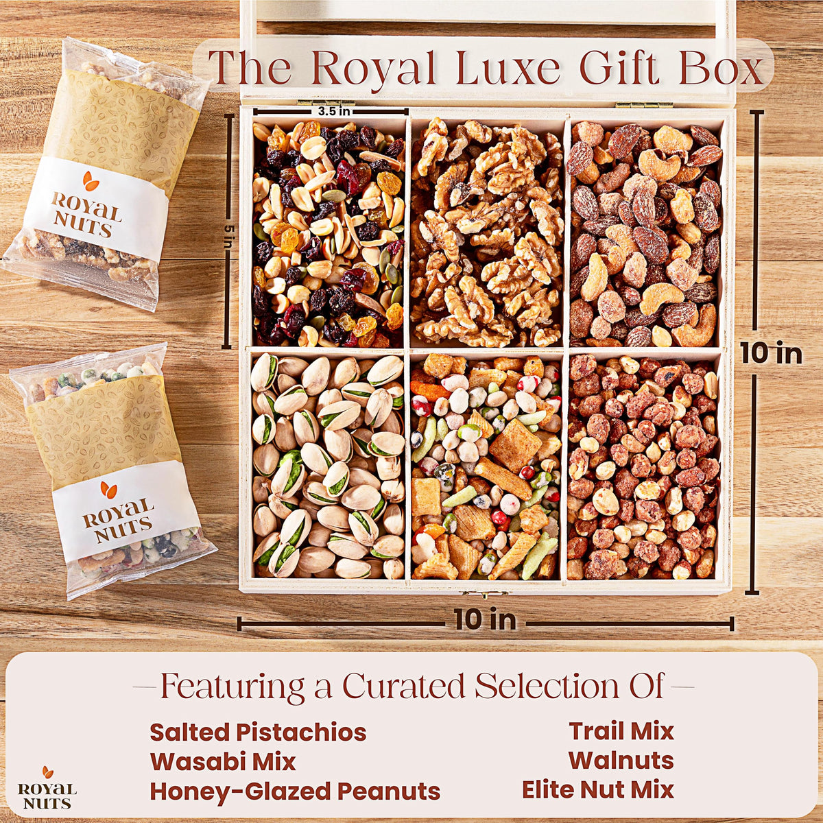 Royal Nuts wooden crate detail highlights a premium, reusable presentation.