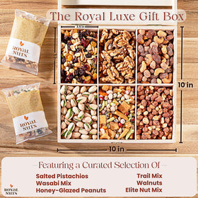 Royal Nuts wooden crate detail highlights a premium, reusable presentation.