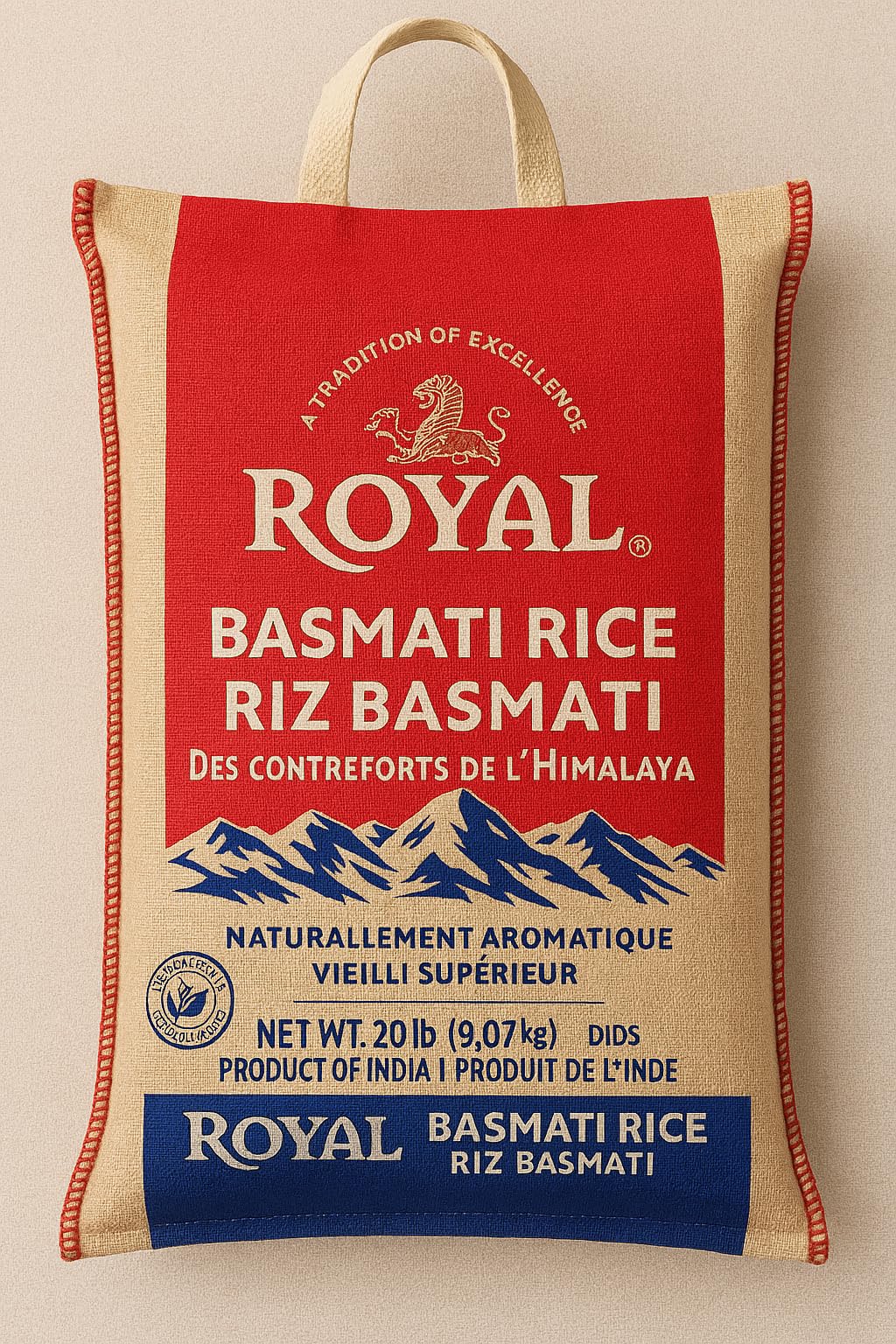 Royal Organic Traditional Basmati Rice packaging front, fragrant, fluffy grains ready to cook.