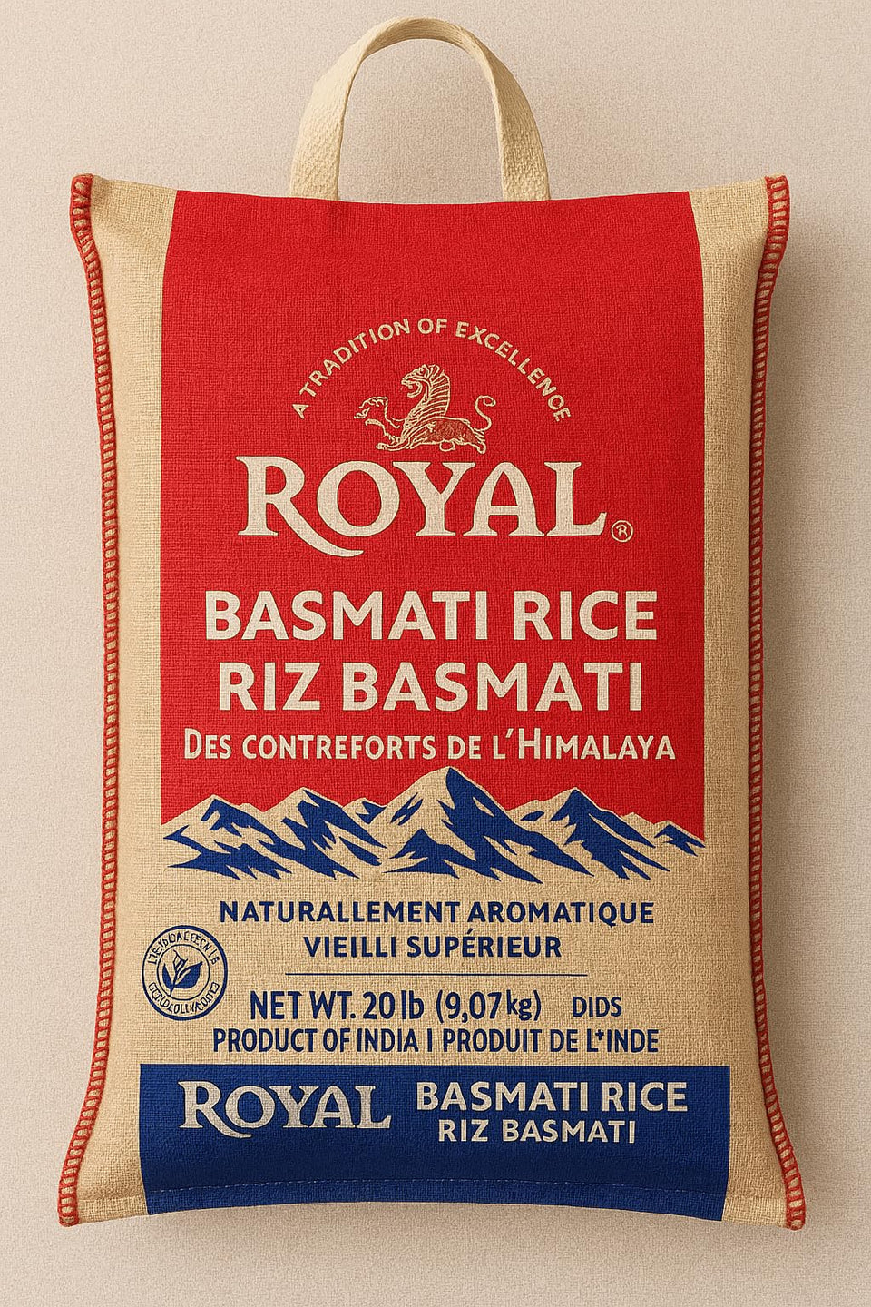Royal Organic Traditional Basmati Rice packaging front, fragrant, fluffy grains ready to cook.
