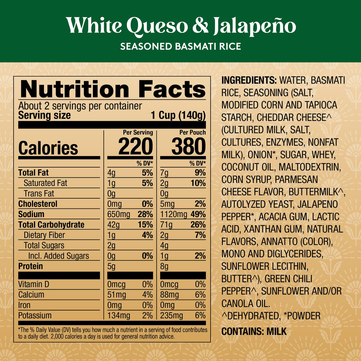 Royal ready-to-heat rice with queso and jalapeño flavors as a flavorful base.