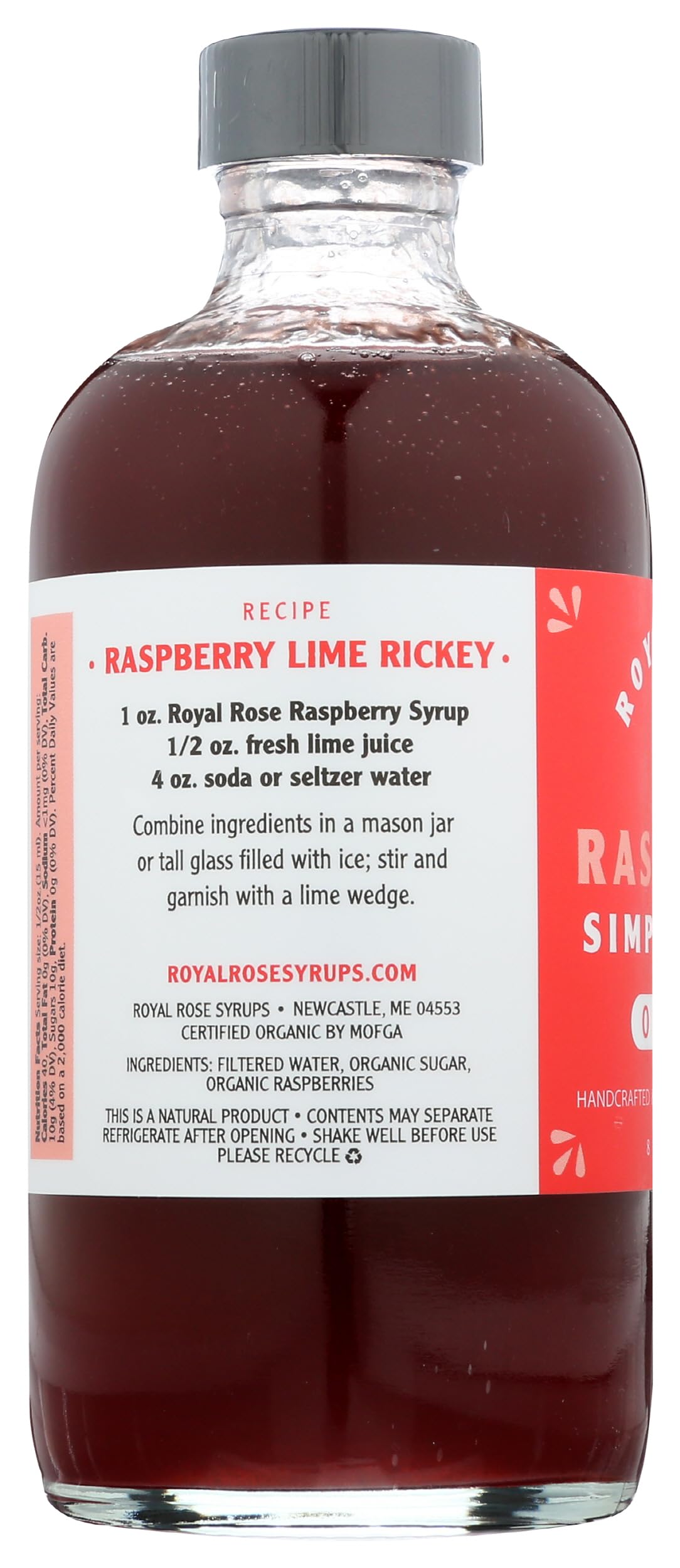 Royal Rose Organic Raspberry Syrup label highlights USDA Organic and gluten-free.