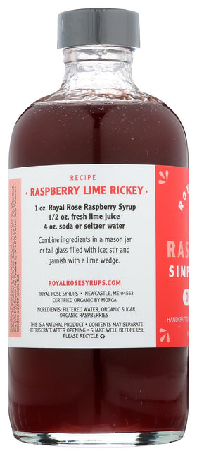 Royal Rose Organic Raspberry Syrup label highlights USDA Organic and gluten-free.