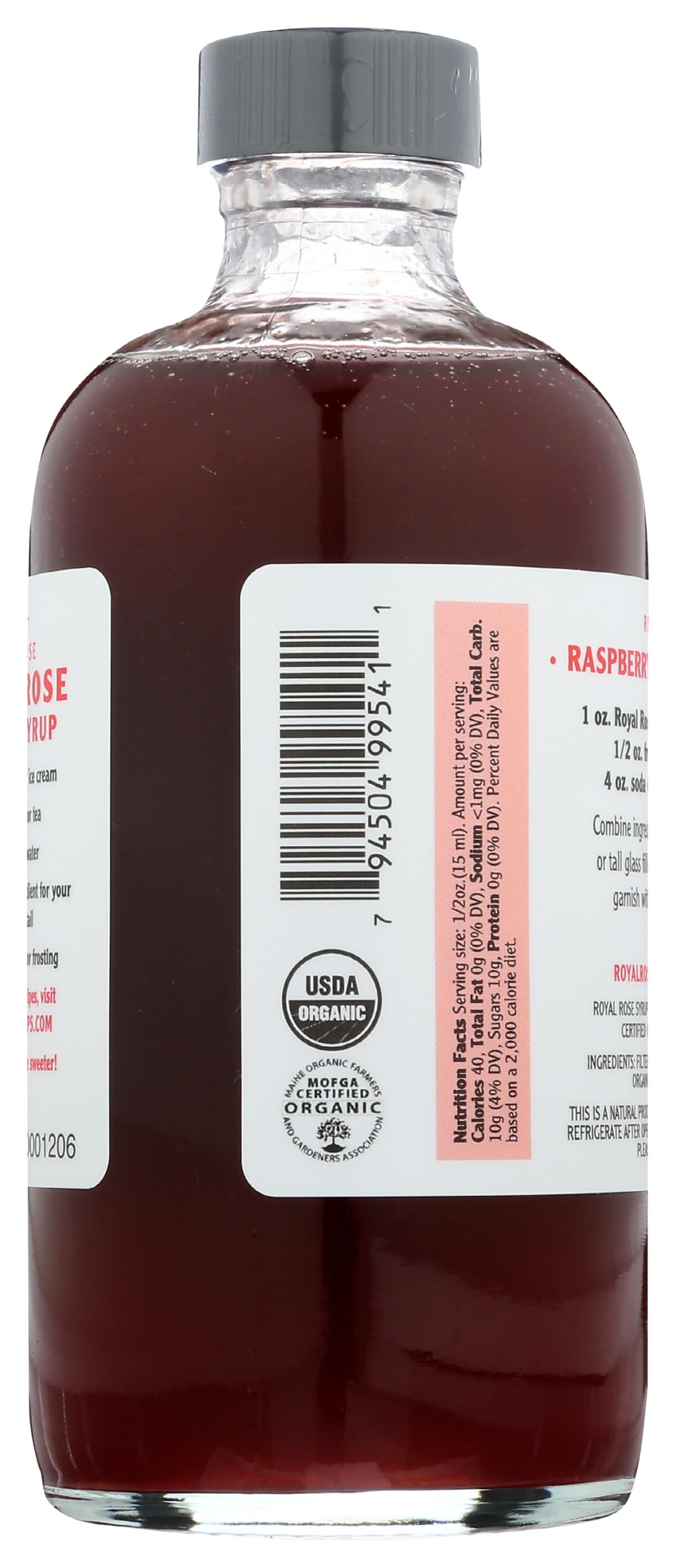 Royal Rose Raspberry Syrup bottle close-up showing rich color and organic ingredients for cocktails.