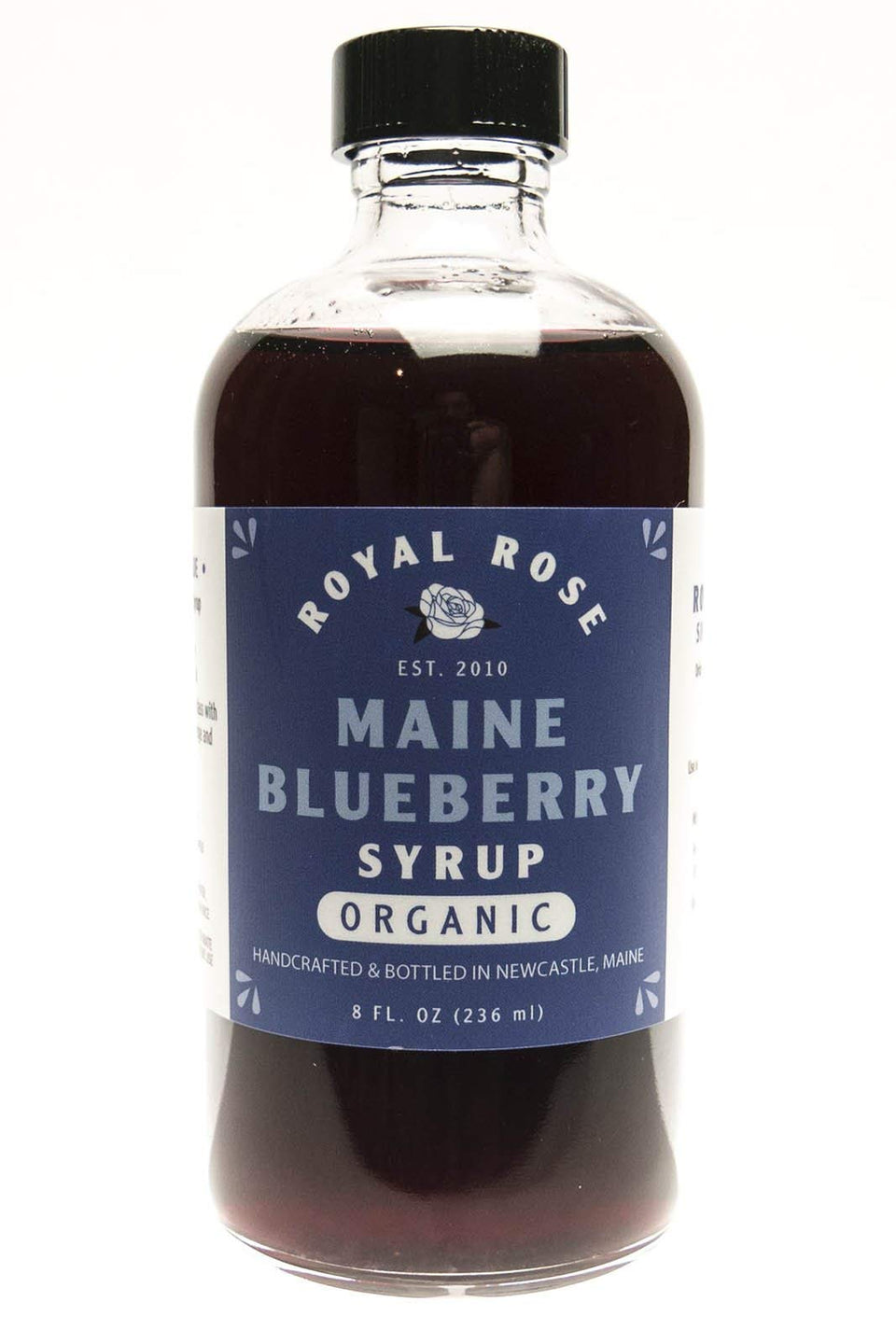 Royal Rose Wild Maine Blueberry syrup bottle, ideal for breakfast and desserts.
