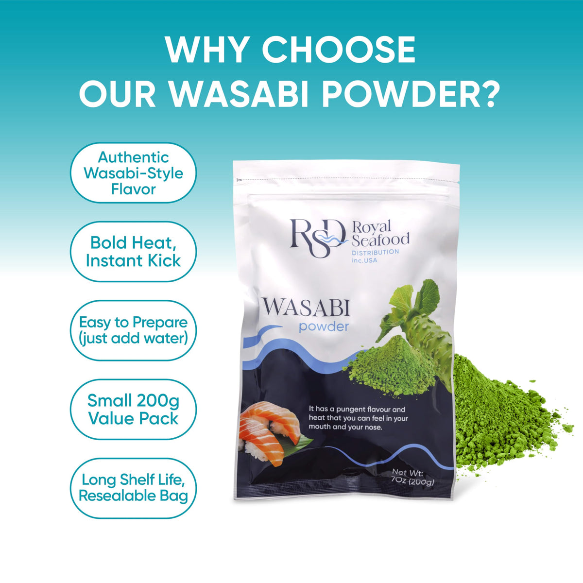 Royal Seafood Distribution instant wasabi paste for sushi rice and dipping sauces.