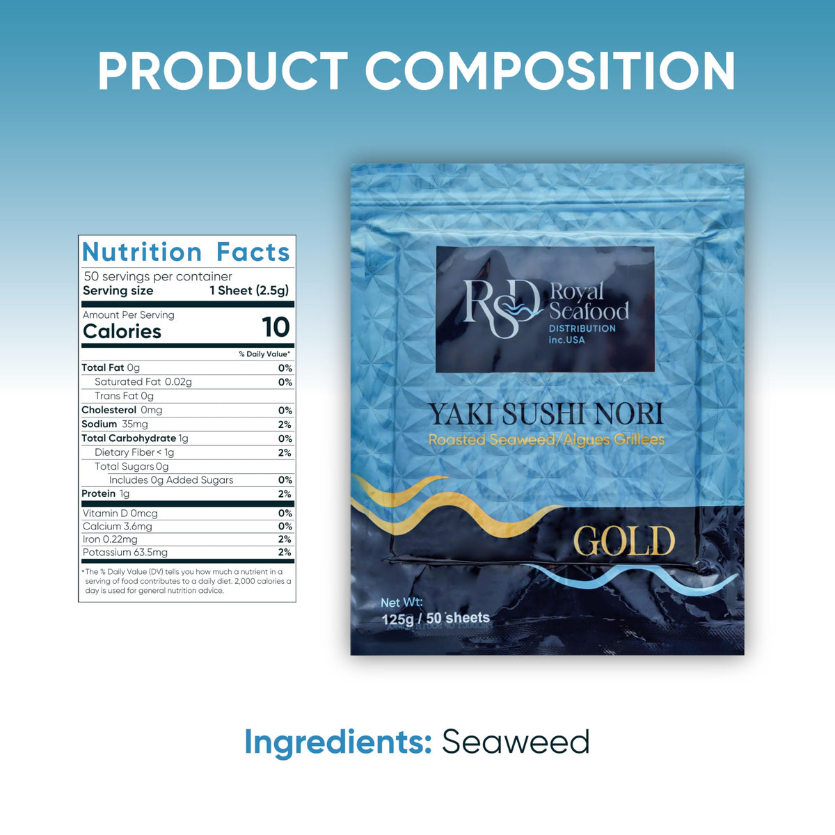 Royal Seafood Nori Gold nutrient-rich seaweed for versatile cooking.