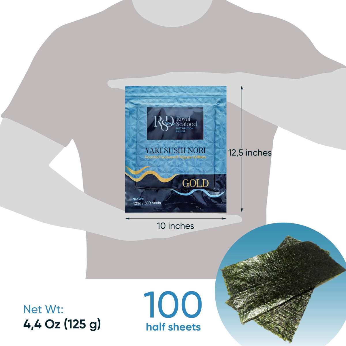 Royal Seafood Distribution half-size nori sheets – ideal for roll wrappers and onigiri.