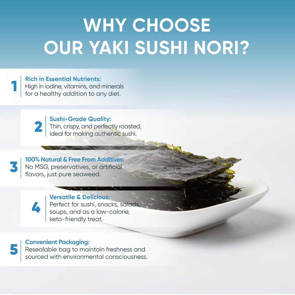 Toasted organic nori by Royal Seafood Distribution – crispy texture with rich umami.