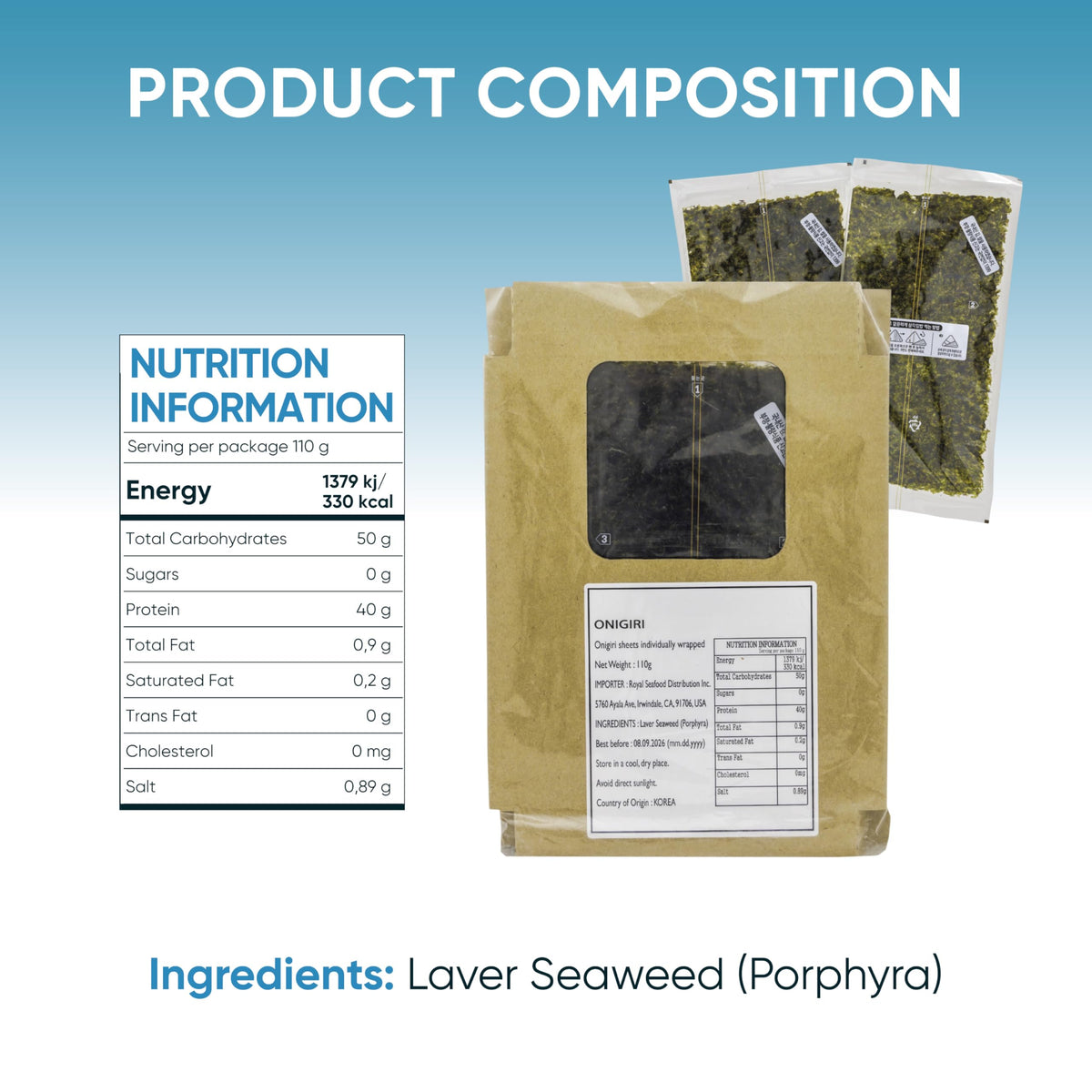 Royal Seafood Distribution organic seaweed sheets for sushi and wraps, additive-free quality.