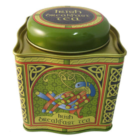 Royal Tara Irish Breakfast Tea tin with Celtic Peacock design for display and freshness