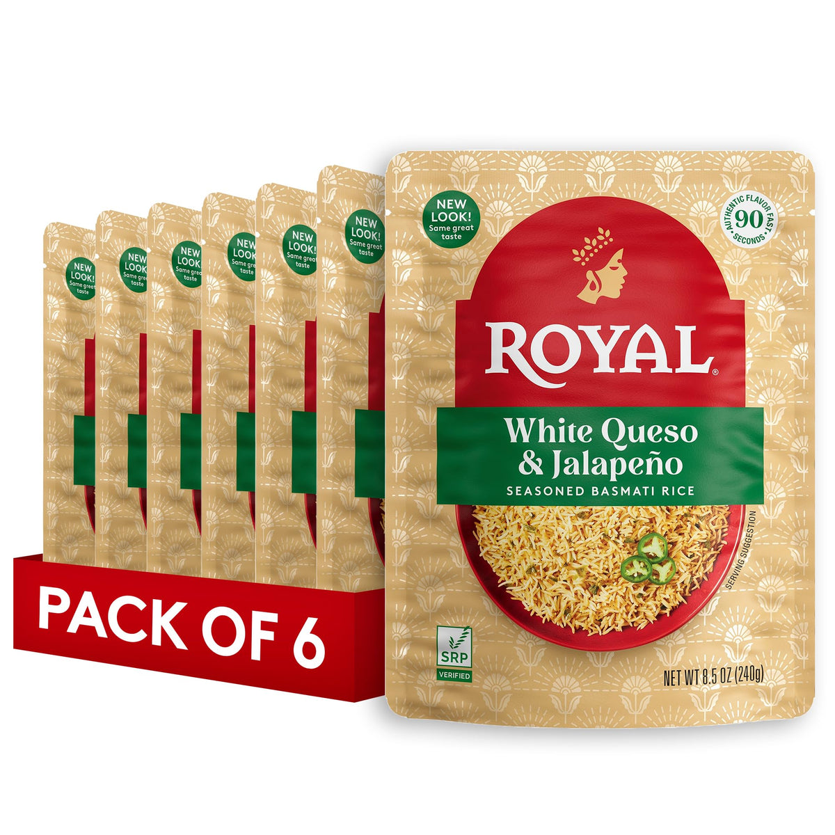 Royal White Queso Jalapeño Rice pouch ready in 90 seconds for quick meals.