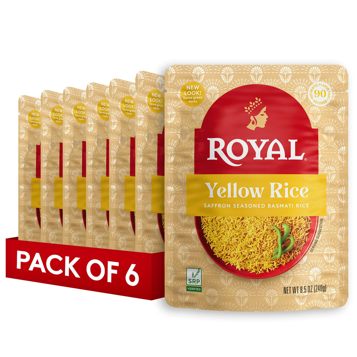 Royal Yellow Saffron Basmati Rice pouch displaying vibrant color and floral aroma.