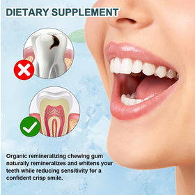 Royalee Remineralizing Gum after-meal use scene showing quick breath refresh.