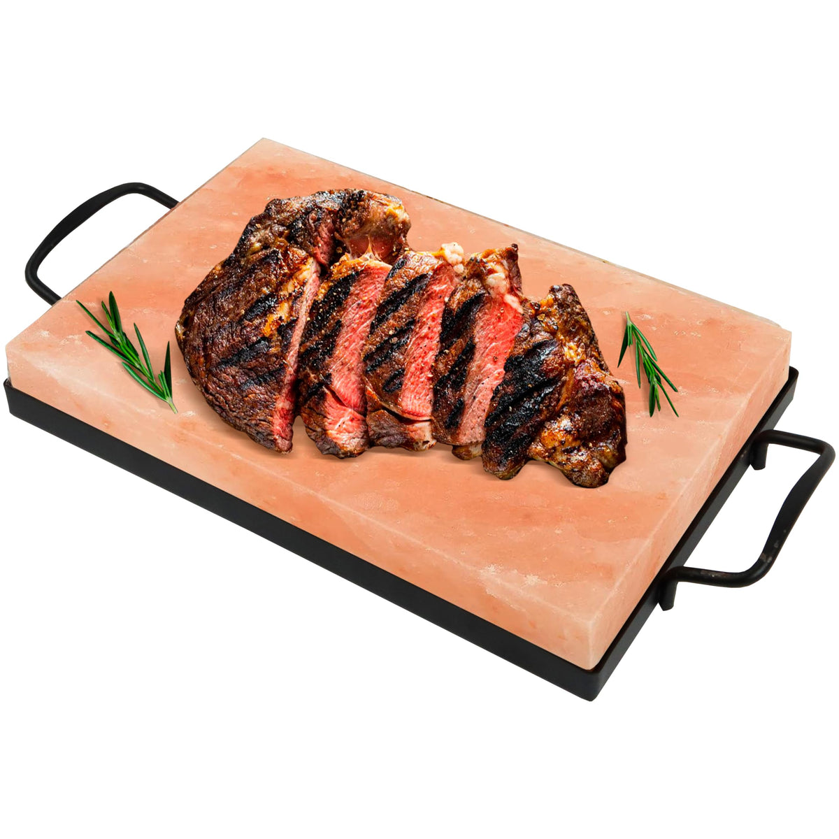 RoyalHouse Himalayan salt block on grill enhances flavor during outdoor cooking.