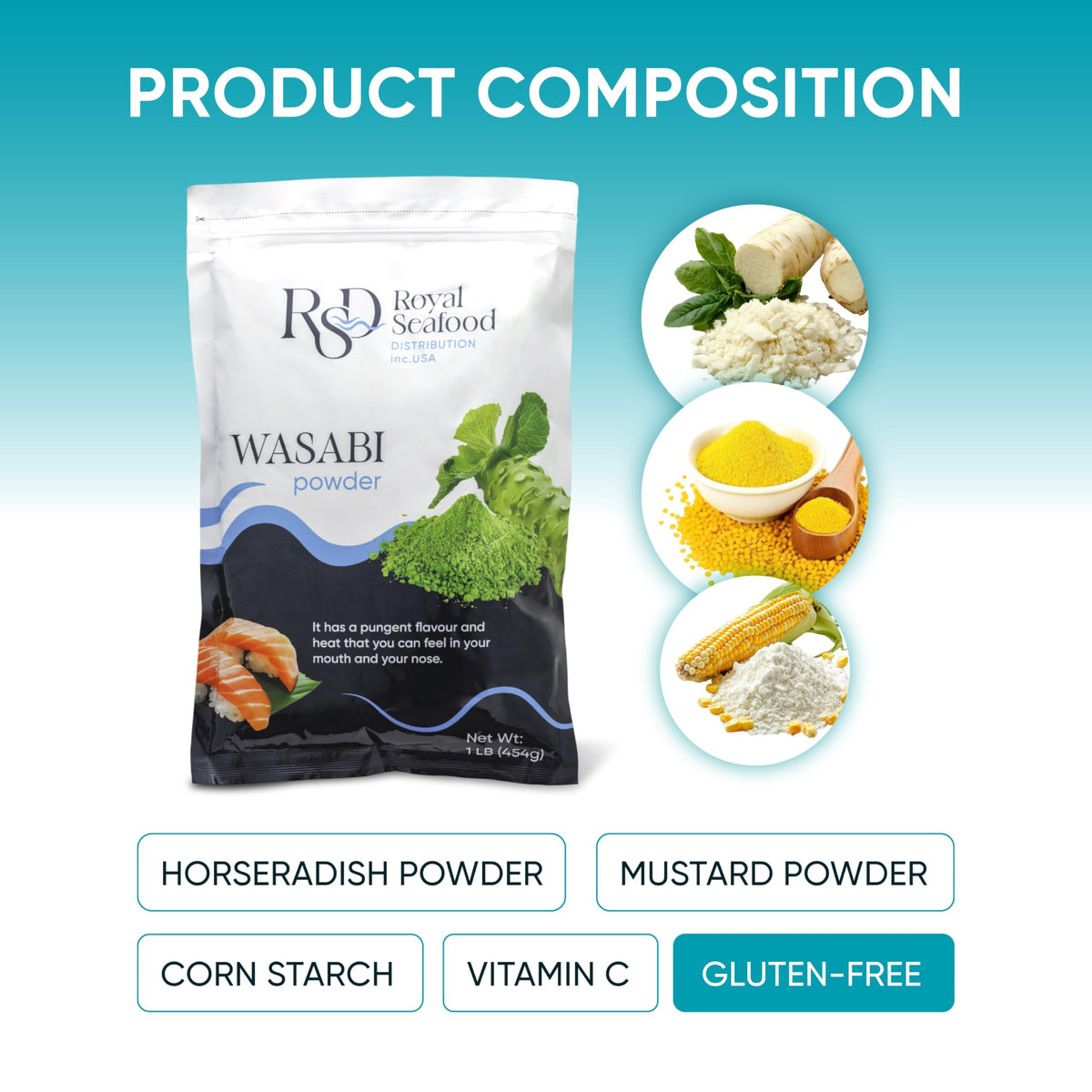 Royal Seafood rsd bulk wasabi powder in resealable packaging stays fresh