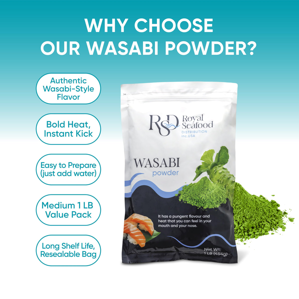 Royal Seafood rsd gluten-free wasabi powder in resealable pack for pure flavor