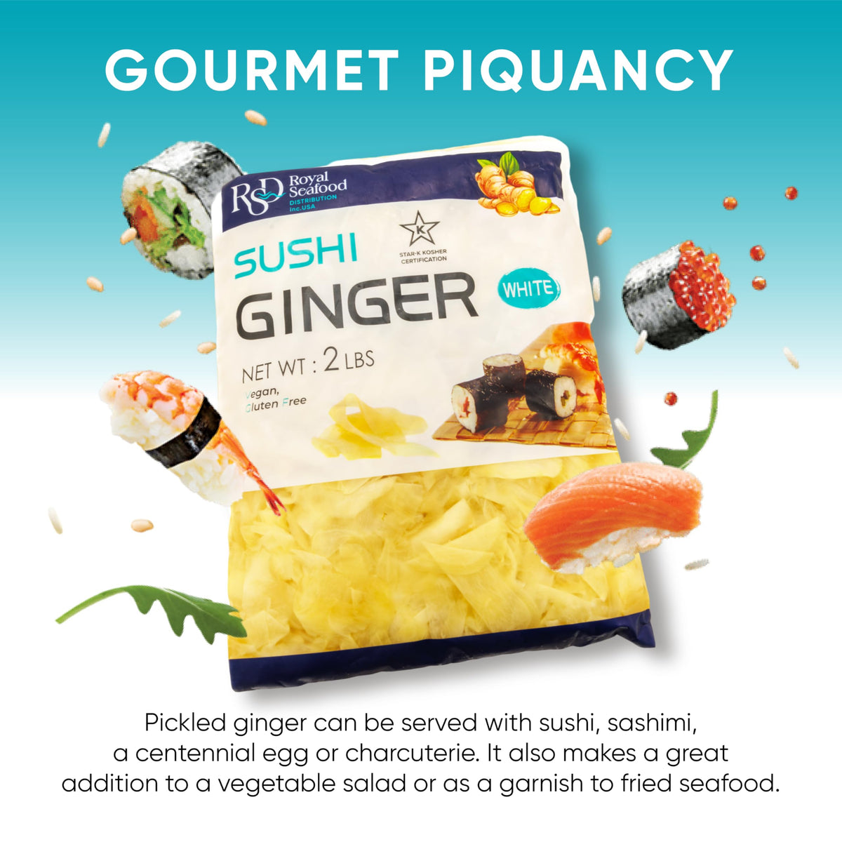 RSD sushi condiment ginger pieces pair well with nigiri and bowls.