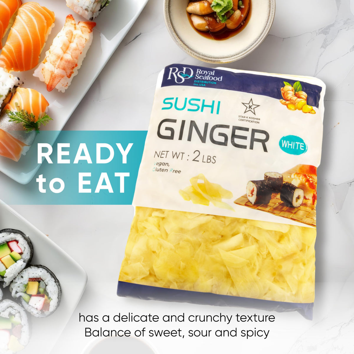 RSD vegan, kosher, gluten-free pickled ginger suitable for many diets.