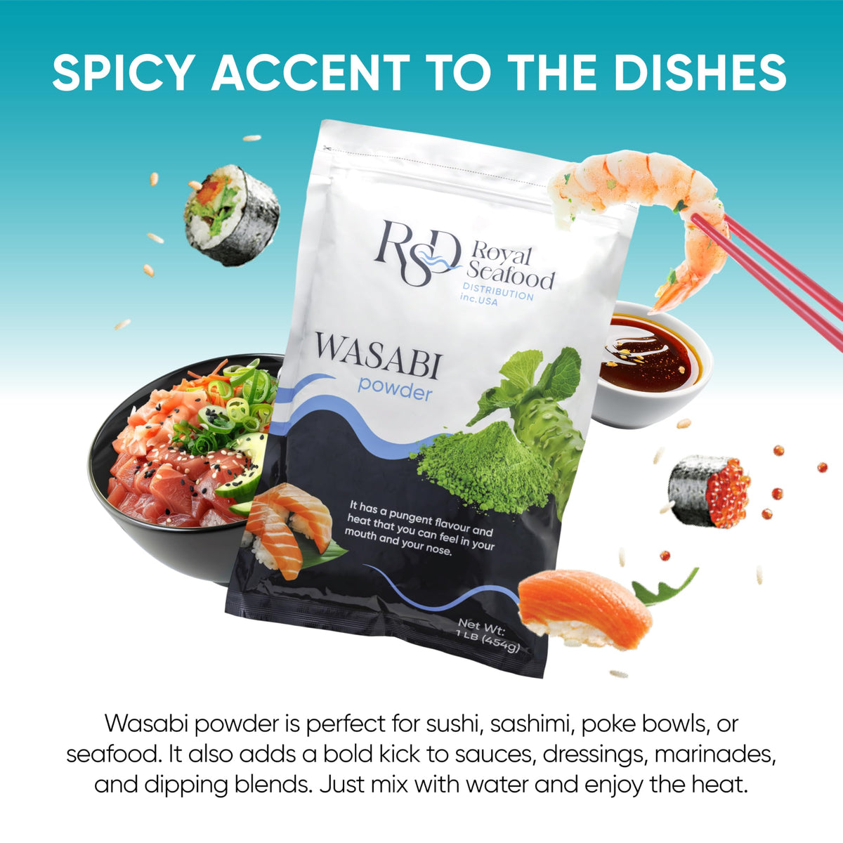 Royal Seafood rsd wasabi powder added to sushi dish for zesty seasoning